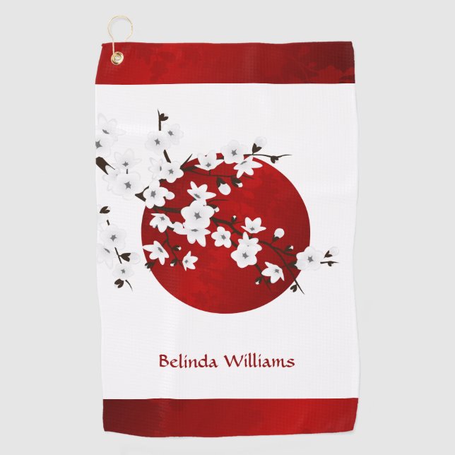 Cherry Blossom Rising Sun Red Black White Monogram Golf Towel (Front)