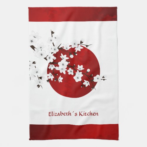 Cherry Blossom Rising Sun Red Black White Monogram Kitchen Towel