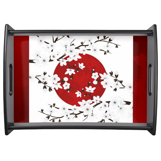 Cherry Blossom Rising Sun Red Black White Serving Tray (Front)