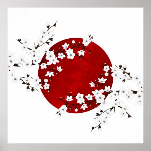 Cherry Blossom Rising Sun Red White Poster