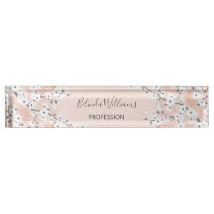 Cherry Blossom Rose Gold Blush Glitter Desk Name Plate