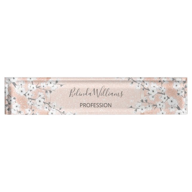 Cherry Blossom Rose Gold Blush Glitter Desk Name Plate (Front)