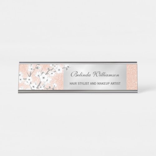 Cherry Blossom Rose Gold Glitter Hair And Makeup Desk Name Plate