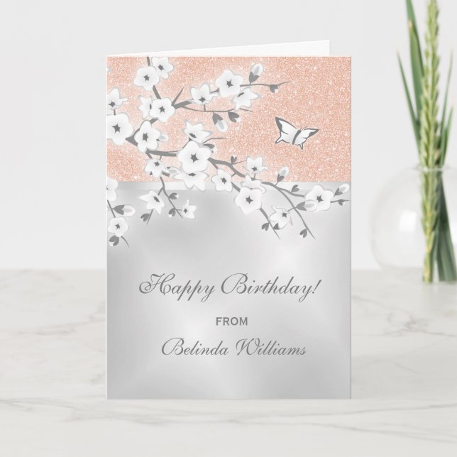 Cherry Blossom Rose Gold Glitter Silver Birthday Card (Front)