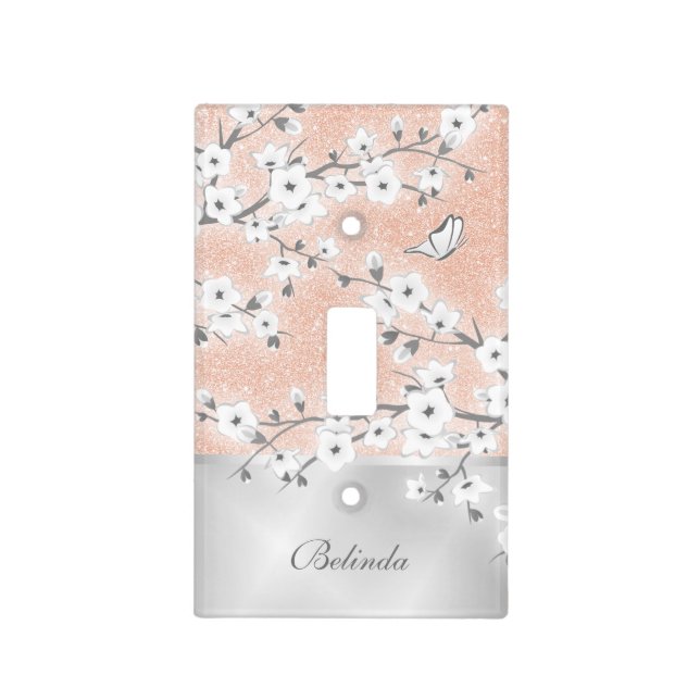 Cherry Blossom Rose Gold Glitter Silver Monogram Light Switch Cover (Front)