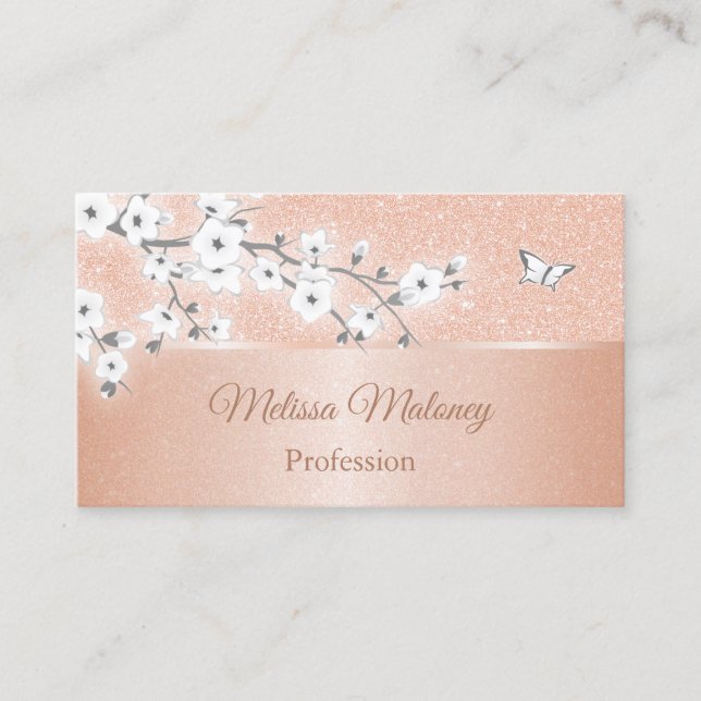 Cherry Blossom Rose Gold Gray Business Card (Front)