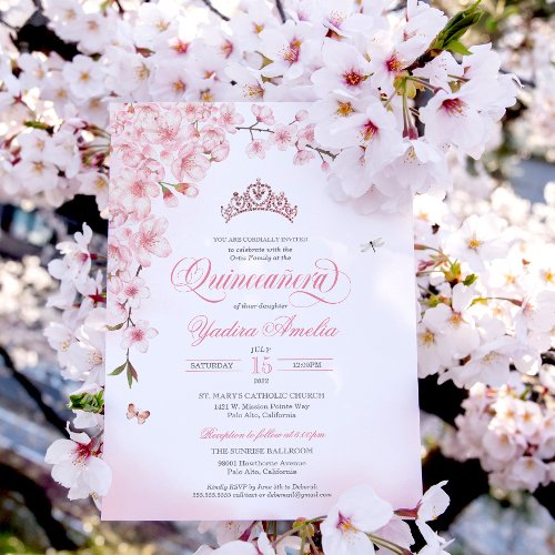Cherry Blossom Rose Gold Tiara Pink Quinceaera Invitation