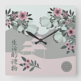 Cherry blossom roses Asian floral landscape print  Square Wall Clock