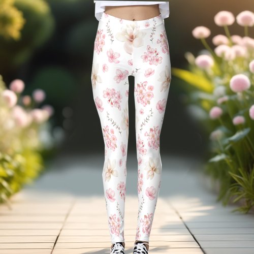 Cherry Blossom Sacura Pattern White Pink Floral Leggings