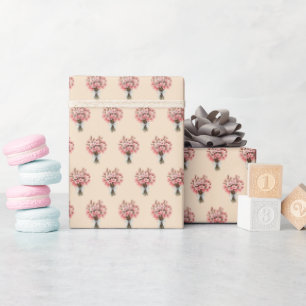 Cherry Blossom Sakura Bouquet Pattern on Beige Wrapping Paper