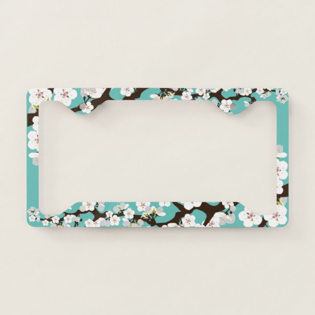 Cherry Blossom Sakura Floral Flower Aqua Turquoise License Plate Frame (Front)