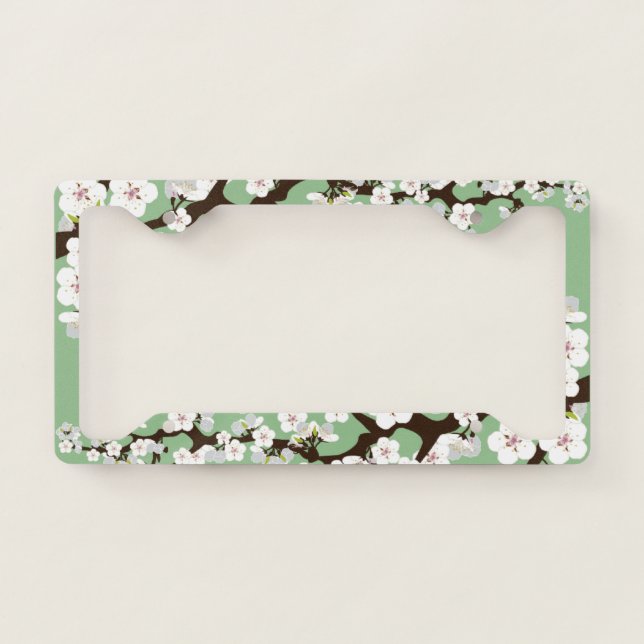Cherry Blossom Sakura Floral Flower Mint Green License Plate Frame (Front)