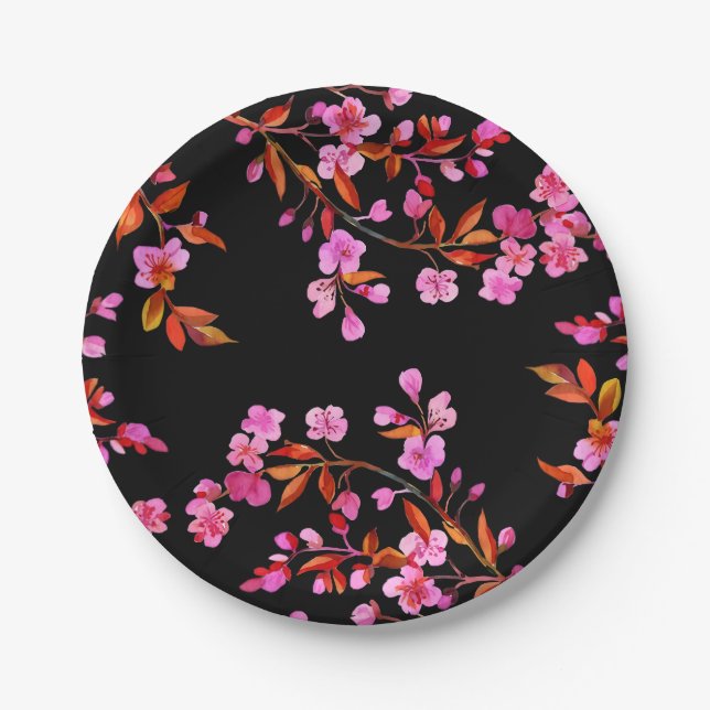 Cherry Blossom Sakura Floral Pink Black Paper Plates (Front)
