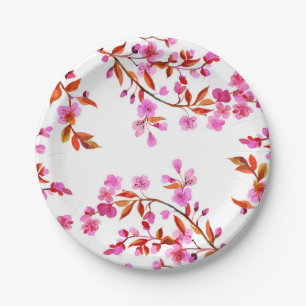 Cherry Blossom Sakura Floral Pink White Paper Plates