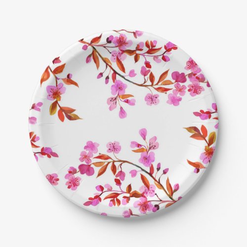 Cherry Blossom Sakura Floral Pink White Paper Plates