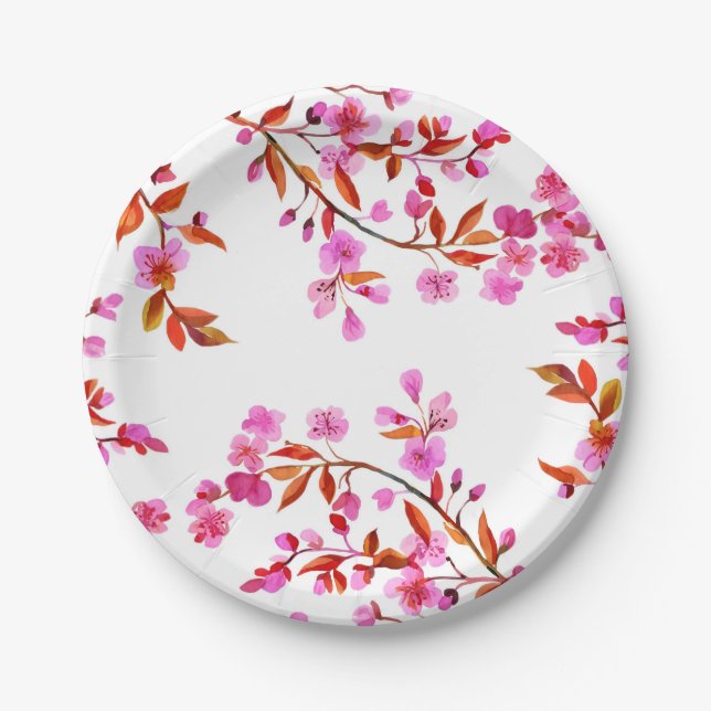 Cherry Blossom Sakura Floral Pink White Paper Plates (Front)