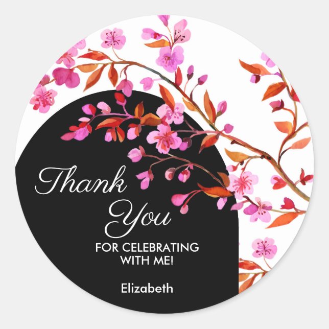 Cherry Blossom Sakura Flower Black White Birthday  Classic Round Sticker (Front)
