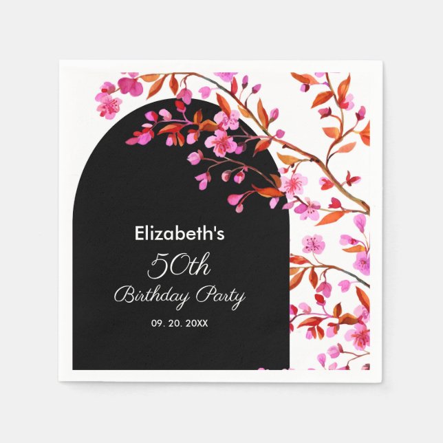 Cherry Blossom Sakura Flower Black White Birthday  Napkins (Front)