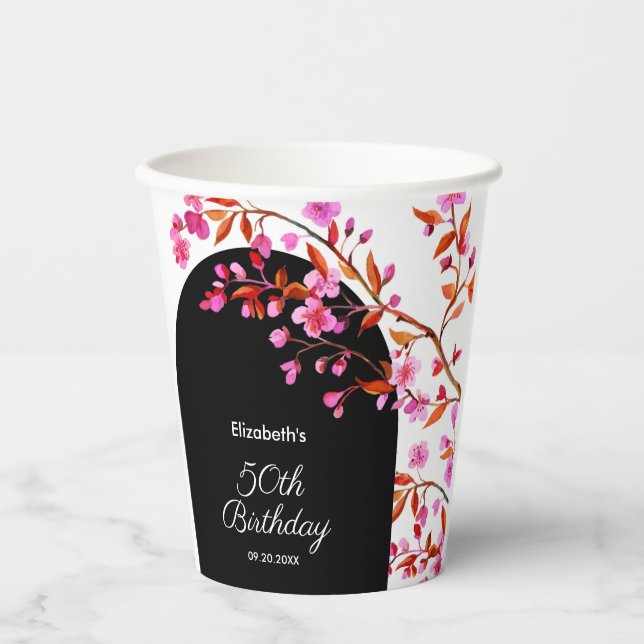 Cherry Blossom Sakura Flower Black White Birthday  Paper Cups (Front)