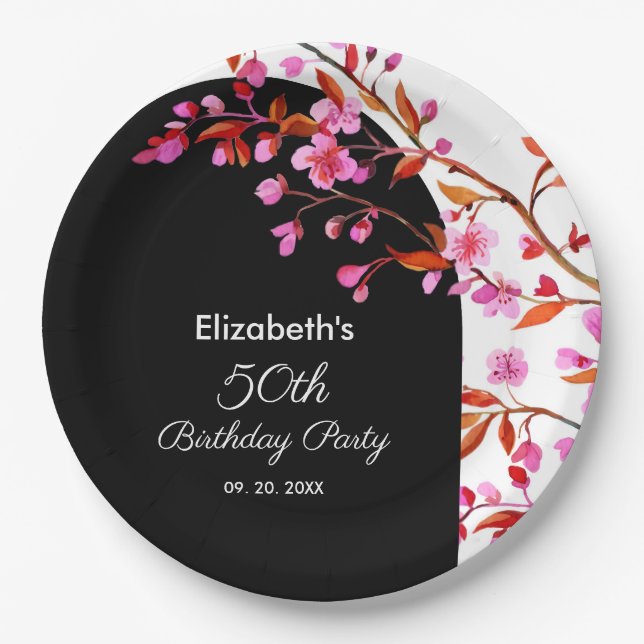 Cherry Blossom Sakura Flower Black White Birthday  Paper Plates (Front)