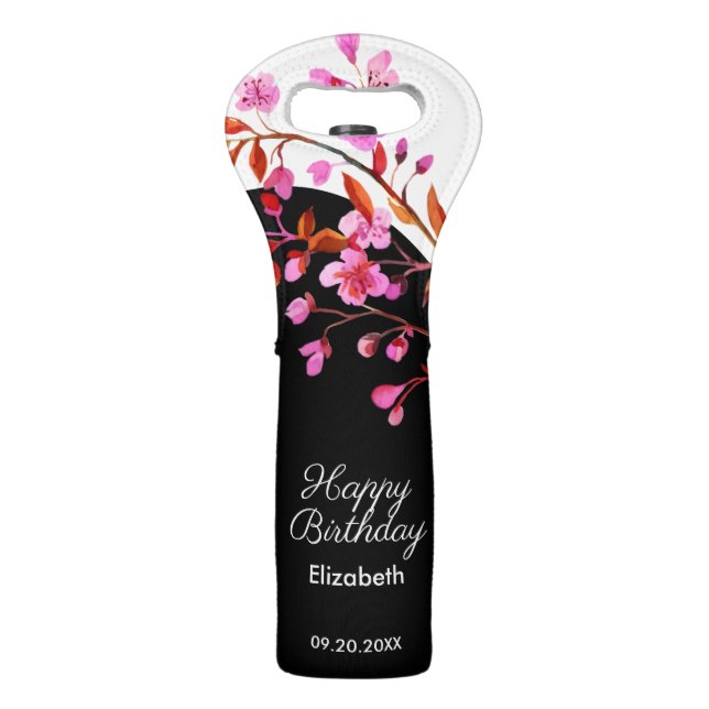 Cherry Blossom Sakura Flower Black White Birthday  Wine Bag (Front)