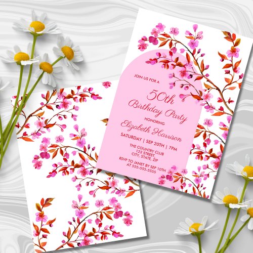 Cherry Blossom Sakura Flower Pink White Birthday  Invitation