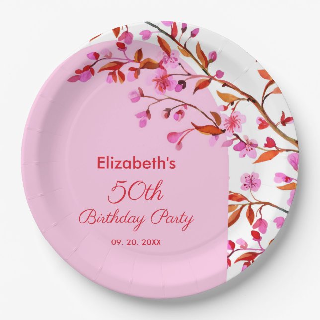 Cherry Blossom Sakura Flower Pink White Birthday  Paper Plates (Front)