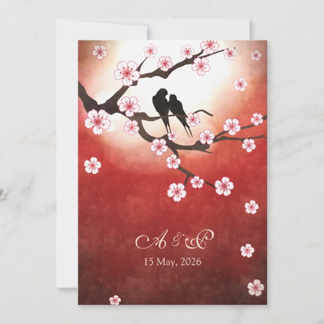 Cherry Blossom Sakura Love Birds Wedding Invite (Front)