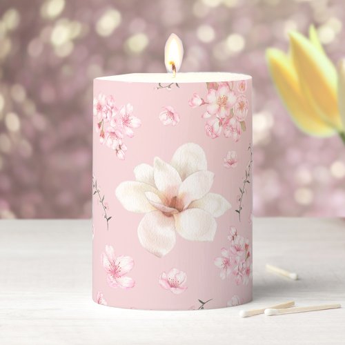 Cherry Blossom Sakura Magnolia Floral Spring Pink  Pillar Candle