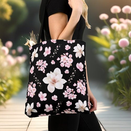 Cherry Blossom Sakura Magnolia Spring Pink Black Tote Bag