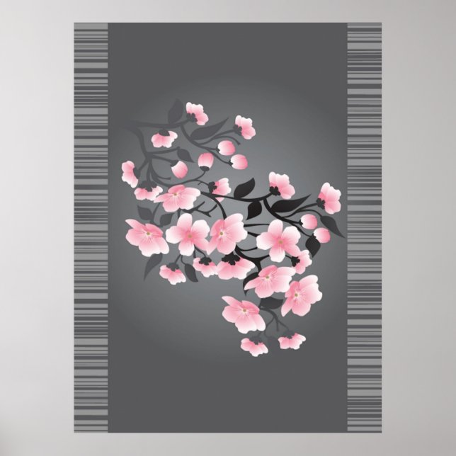 Cherry blossom (Sakura) on a gray background Poster (Front)