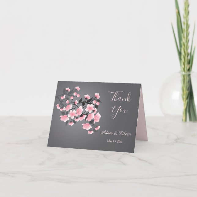 Cherry blossom (Sakura) on gray Wedding Thank You Invitation (Front)