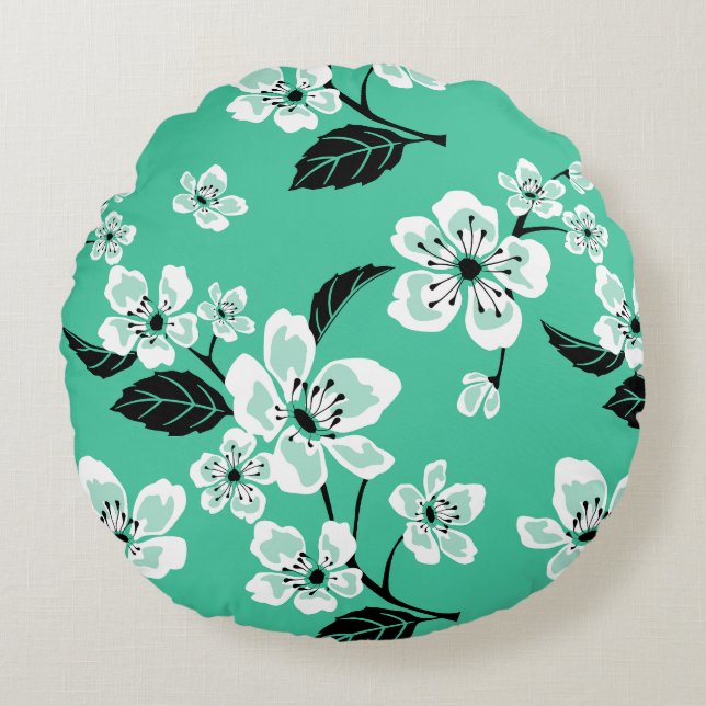 CHERRY BLOSSOM - SAKURA PATTERN IN MINT ROUND PILLOW (Front)