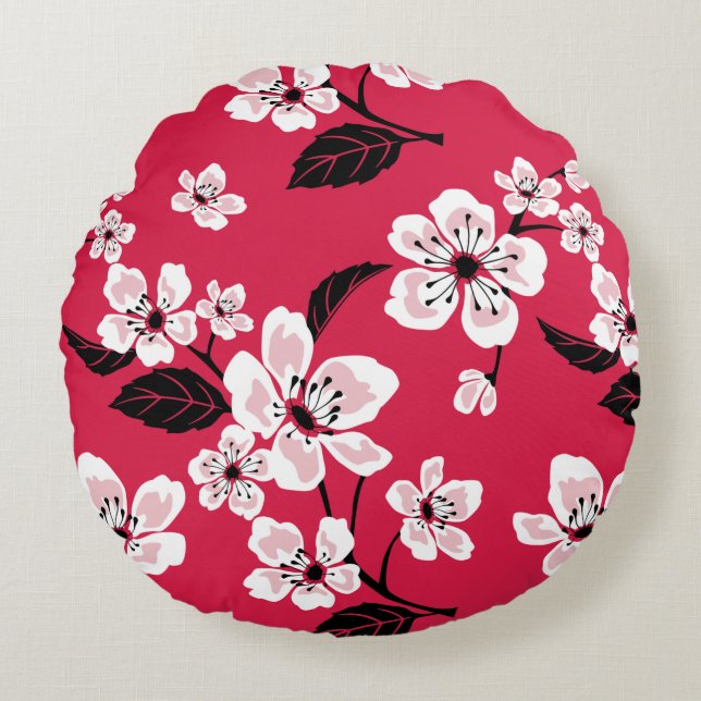 CHERRY BLOSSOM - SAKURA PATTERN IN RED ROUND PILLOW (Front)