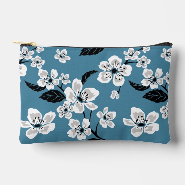 CHERRY BLOSSOM - SAKURA PATTERN IN SMOKY BLUE ACCESSORY POUCH (Front)