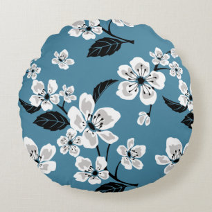 CHERRY BLOSSOM - SAKURA PATTERN IN SMOKY BLUE ROUND PILLOW