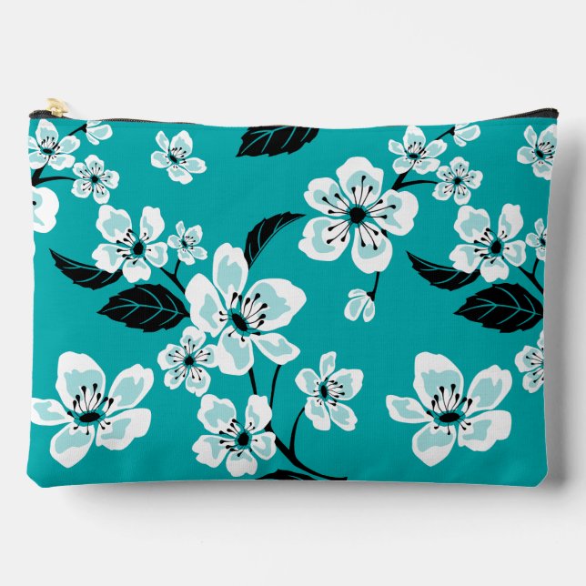 CHERRY BLOSSOM - SAKURA PATTERN IN TEAL ACCESSORY POUCH (Front)