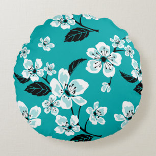 CHERRY BLOSSOM - SAKURA PATTERN IN TEAL ROUND PILLOW