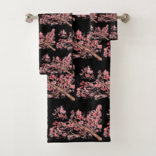 Cherry blossom Sakura Pink Floral Japanese Black Bath Towel Set