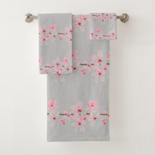 Cherry blossom Sakura Pink Floral Japanese Grey Bath Towel Set