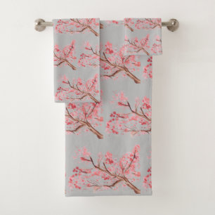 Cherry blossom Sakura Pink Floral Japanese Grey Bath Towel Set