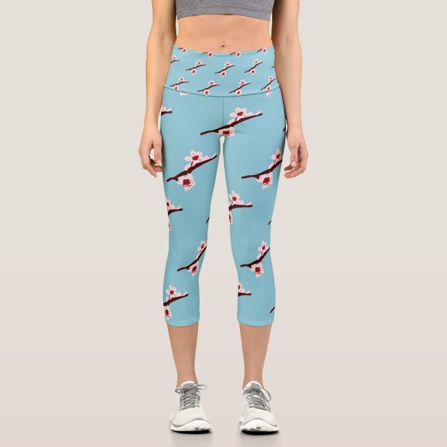 Cherry Blossom, Sakura, Pink Floral Pattern Capri Leggings (Front)
