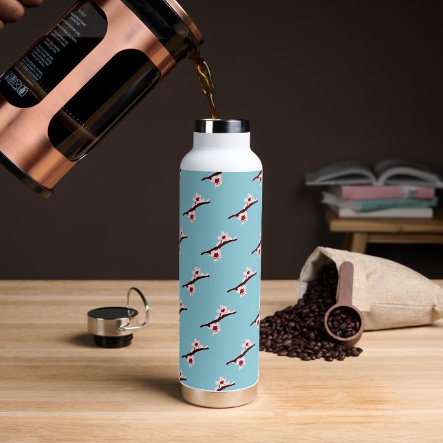 Cherry Blossom, Sakura, Pink Floral Pattern Water Bottle (Coffee)