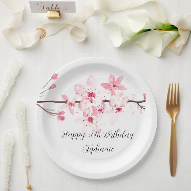 Cherry blossom Sakura Pink Floral Pretty Birthday Paper Plates (Wedding)