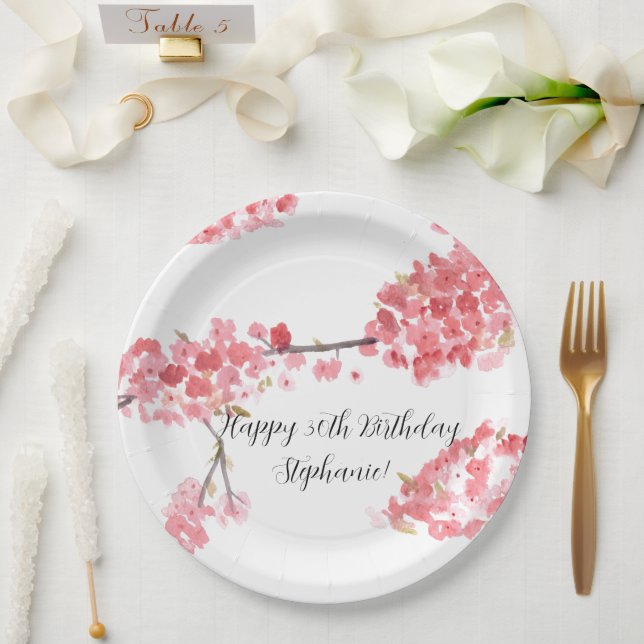Cherry blossom Sakura Pink Floral Pretty Birthday Paper Plates (Wedding)