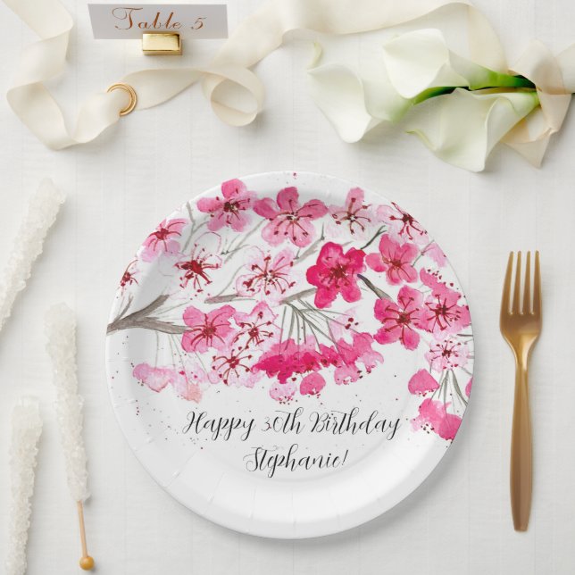 Cherry blossom Sakura Pink Floral Pretty Birthday Paper Plates (Wedding)