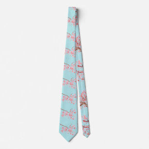 Cherry blossom Sakura Pink Floral Wedding Blue Neck Tie