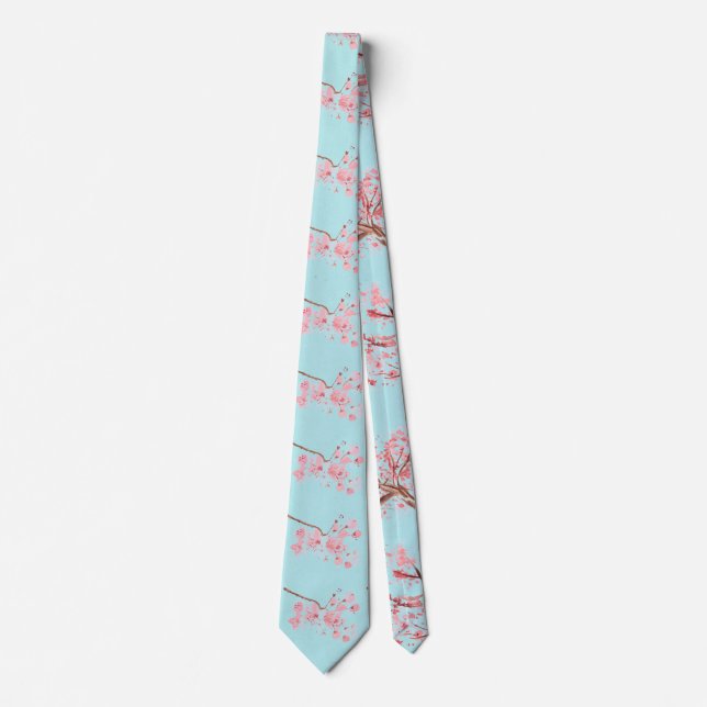 Cherry blossom Sakura Pink Floral Wedding Blue Neck Tie (Front)