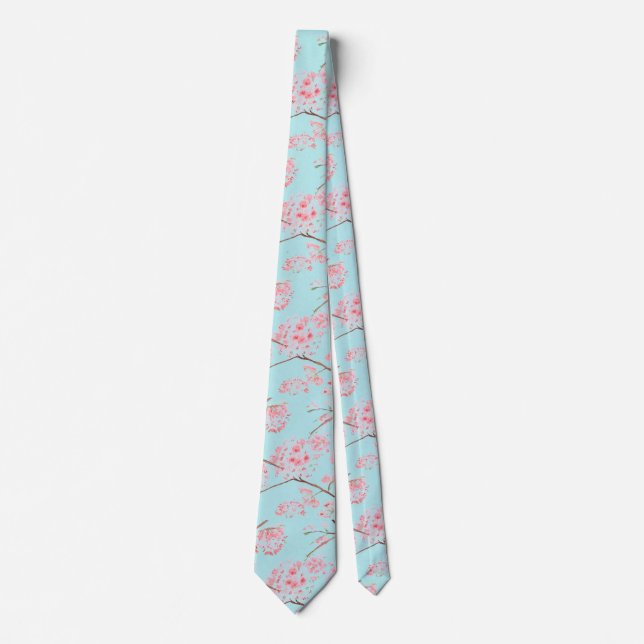 Cherry blossom Sakura Pink Floral Wedding Tree Neck Tie (Front)