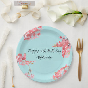 Cherry blossom Sakura Pink Turquoise Birthday Pap Paper Plates